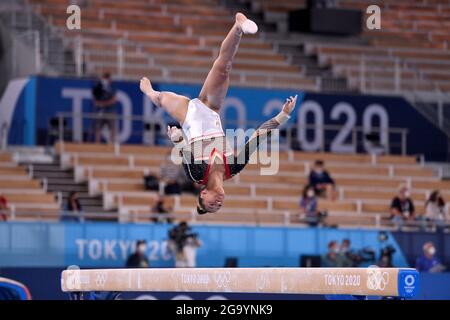 Tokio, Japan. Juli 2021. Jutta VERKEST (Bel) Action, Balance Beam, Balance Beam, Gymnastik, Mannschaftswettbewerb rund um Frauen, Kunstturnen, Gymnastik Frauenmannschaft, Mannschaftswettbewerb Frauen 07 27/2021/`s, Ariake Gymnastik Zentrum. Olympische Sommerspiele 2020, ab 23.07. - 08.08.2021 in Tokio/Japan. â Credit: dpa/Alamy Live News Stockfoto